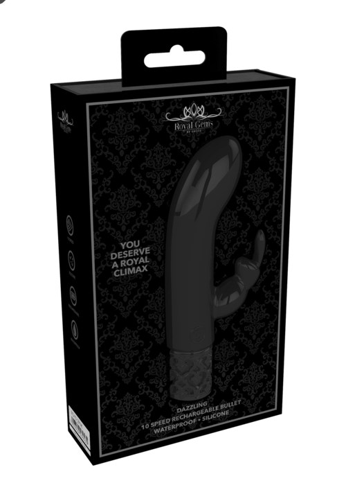 Eine schwarze Packung mit einem klaren Fenster, das ein gekrümmtes, dunkles Objekt darin zeigt. Text auf der Packung bewirbt das Produkt als wasserdichtes Silikonprodukt.