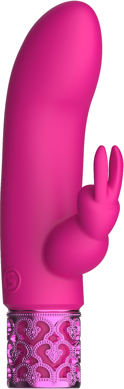 Rosa Vibrator mit Hasenohren-Dekor, steht auf einem gemusterten Sockel.