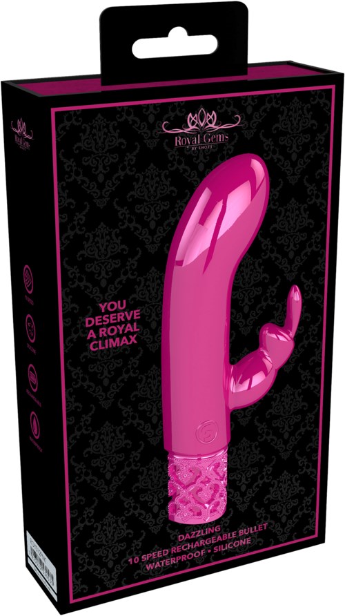 Ein rosa, gebogener Vibrator mit teksturiertem Griff, in schwarzer und pinker Verpackung, als wasserfest und Silikon gekennzeichnet.