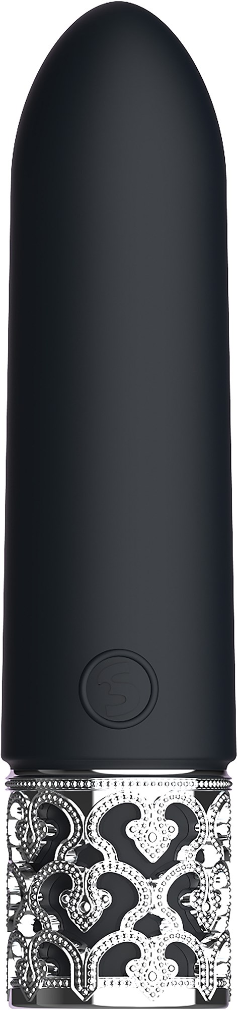 Ein schwarzer Lippenstift mit einem dekorativen Silber- und Schwarzmuster am unteren Ende.