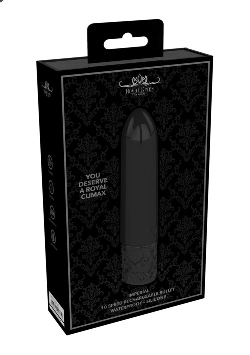 Eine schwarze Box mit einem Produkt darin, als wasserdicht und silikon markiert, für Vergnügen, mit königlicher Krone.