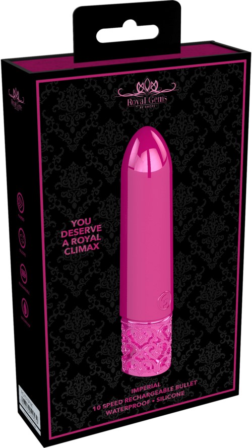 Verpackung für einen pinken Personal-Massager, gekennzeichnet als wasserdicht und Silikon, mit Themen von Luxus und Selbstpflege.