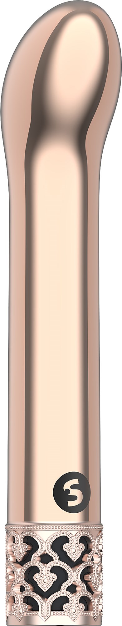 Eine elegante Make-up-Bürste in Roségold mit einem dekorativen, komplizierten Muster am Griff.