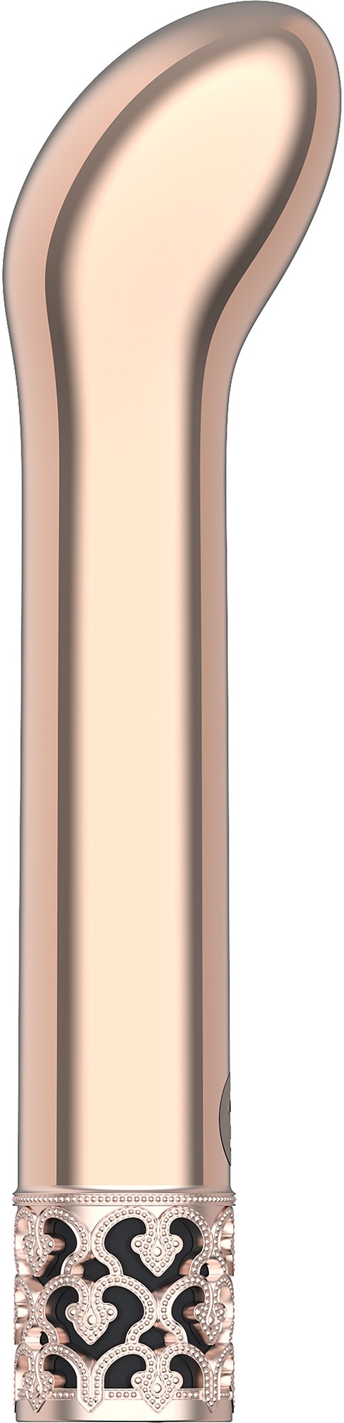 Ein kleines, verzierungenreiches Metallobjekt mit gebogener Spitze und dekoriertem Boden, ähnlich einem Pflegewerkzeug.
