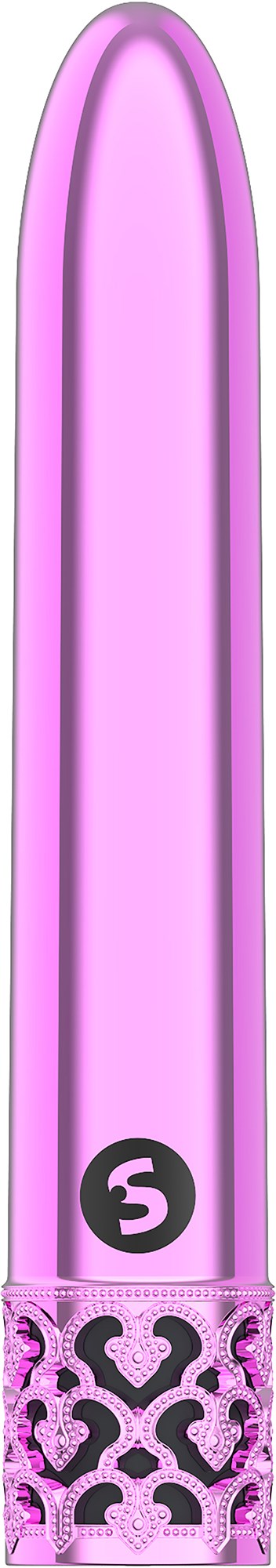 En rosa nagelfil med svart nummer 5 och dekorativ svart och rosa design nära handtaget.