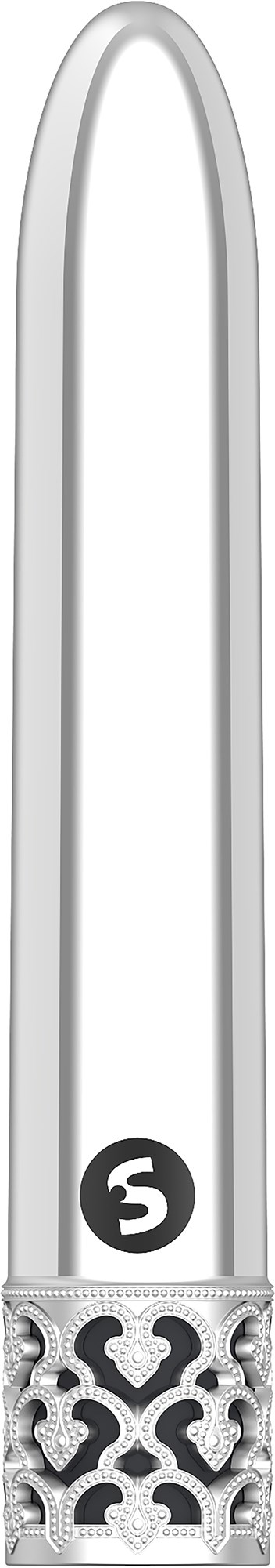 Ein metallischer Nagel mit einem schwarzen Kreis und der Zahl 5, mit dekorativen Mustern am Ende.