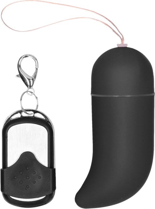 Eine schwarze, kapselartige Gegenstand mit Schnur, mit einem kleinen schwarzen Schlüsselanhänger. Es scheint ein persönlicher Alarm zu sein.