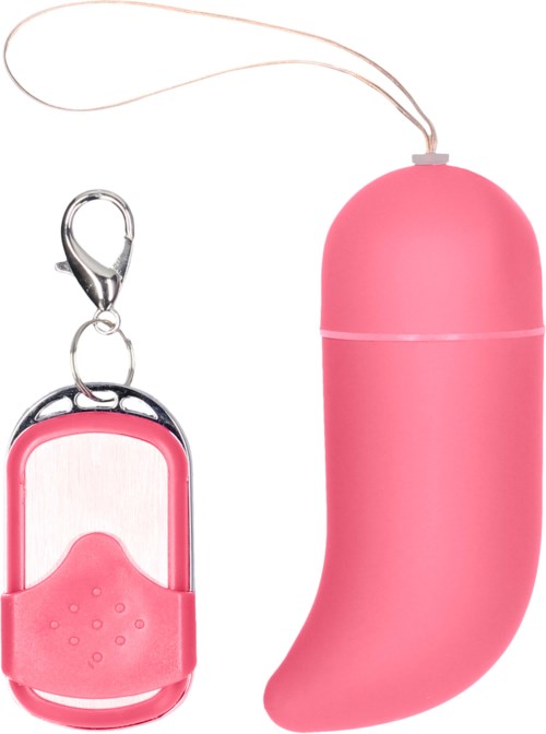 Ett rosa kapselliknande föremål kopplat till en rem och en liten rosa enhet som liknar en mus eller nyckelring.