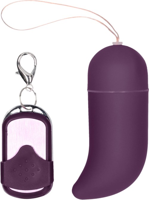 En lila enhet formad som en banan och ett nyckelkedja med en matchande lila fjärrkontroll.

