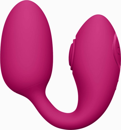 Ein pinkfarbenes persönliches Massagegerät in U-Form mit runder Spitze und Bedienknopf an der Seite.