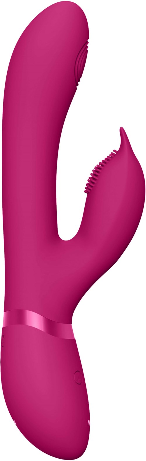 Ein pinkes, gekrümmtes Gerät mit texturierten Spitzen, wahrscheinlich ein persönliches oder intimes Massagegerät, auf weißem Hintergrund.