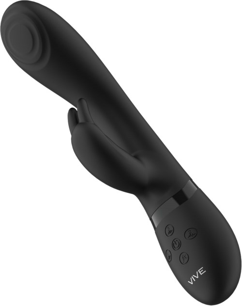 Eine schwarze Virtual-Reality-Controller mit Knöpfen und einem gebogenen Griff.