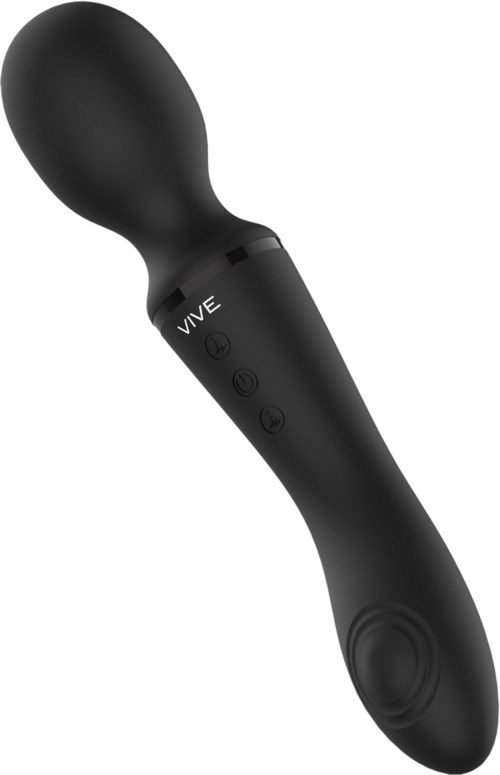 Ein schwarzes Handgerät mit Tasten und der Beschriftung 'VIVE'. Es hat eine gekrümmte Form und ein rundes Ende.