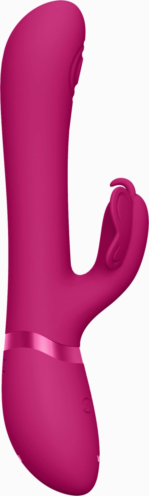 Ein pinkes, gebogenes Gerät mit Knopf und flexiblem Teil, scheint ein Personal-Massager oder Vibrator zu sein.