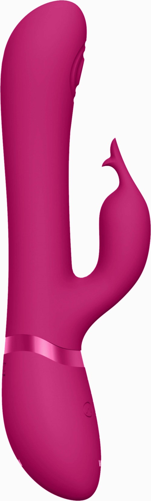 Ein rosa, gebogener, persönlicher Massagegerät mit einer kleineren Erweiterung, für Erwachsene.