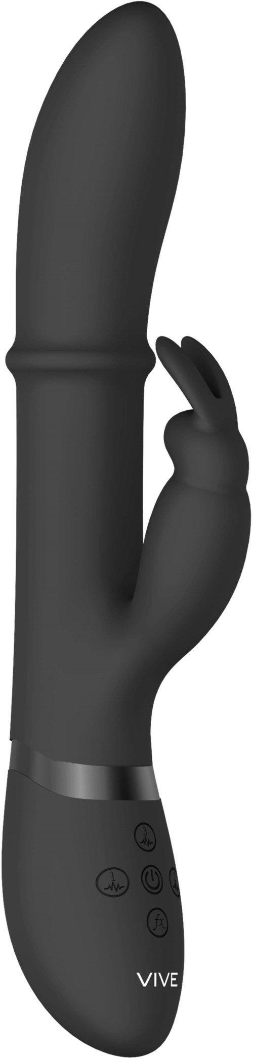 Eine schwarze, gebogene Vorrichtung mit Tasten am unteren Ende und einer kleinen fingerähnlichen Erweiterung, steht vertikal.