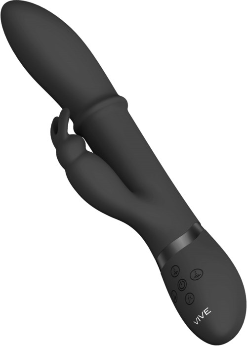 Ein schwarzer Vibrator mit geformter Spitze und Bedientasten am Boden, gehalten von einer Hand, auf weißem Hintergrund.