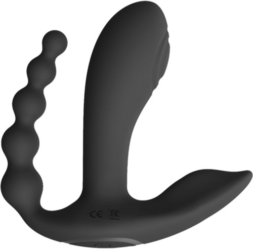Ein schwarzer, gebogener Vibrator mit Texturstreifen und Griff, für sexuelle Lust.