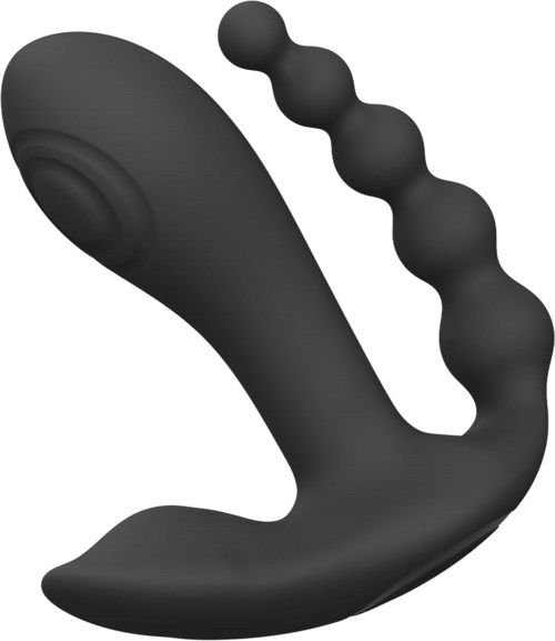 Ein schwarzes, gebogenes Sexspielzeug mit einem strukturierten, beaded Analplug.