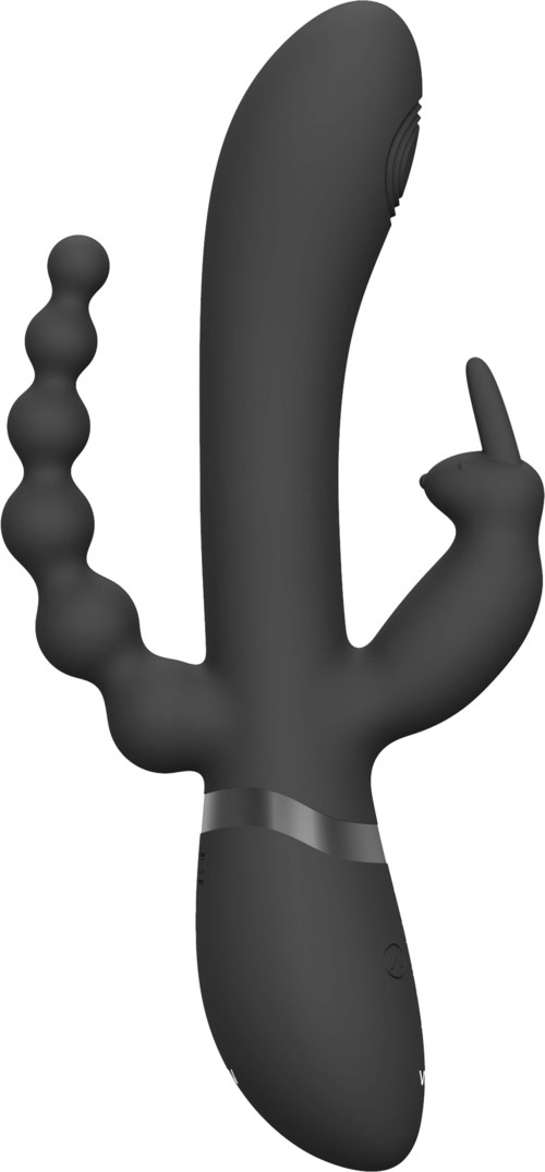 Ein schwarzer Vibrator mit mehreren Aufsätzen, gebogener Form und einer Kontrolltaste an der Seite.