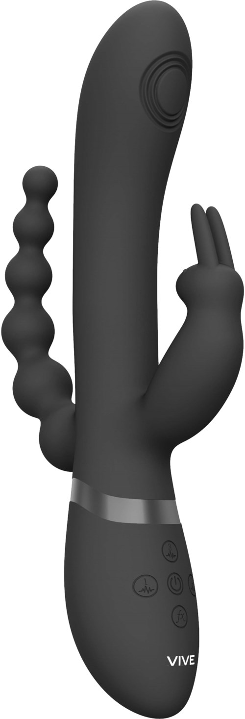 Eine schwarze gebogene Vorrichtung mit einer strukturierten Hand und Bedientasten, mit der Aufschrift 'VIVE', wahrscheinlich ein Vibrator oder Erwachsenen-Spielzeug.