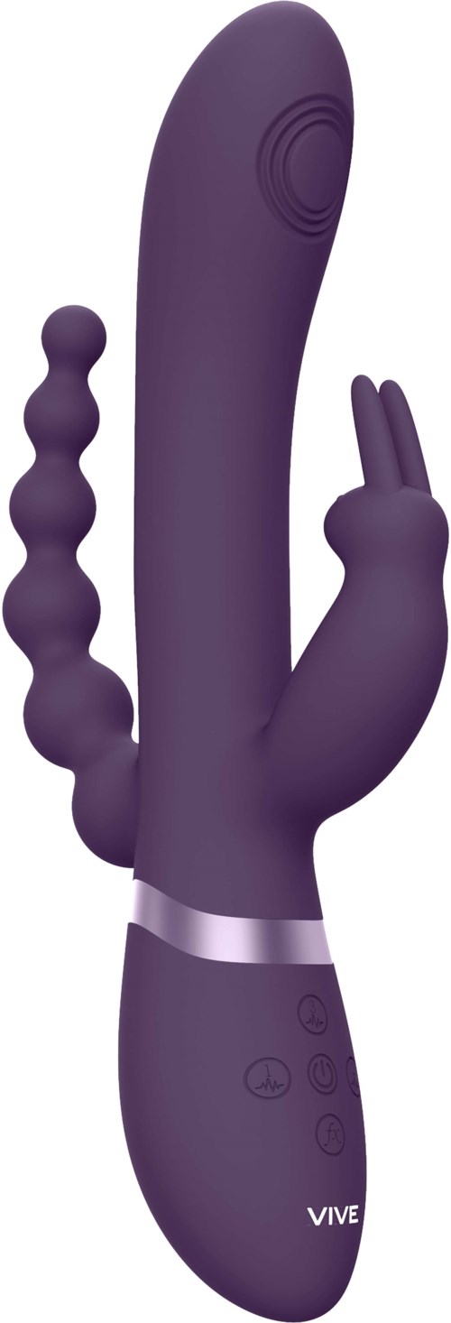En lila vuxenleksak med en texturerad arm, två fingrar som gör tecknet, och knappar på handtaget. Varumärket är VIVE.