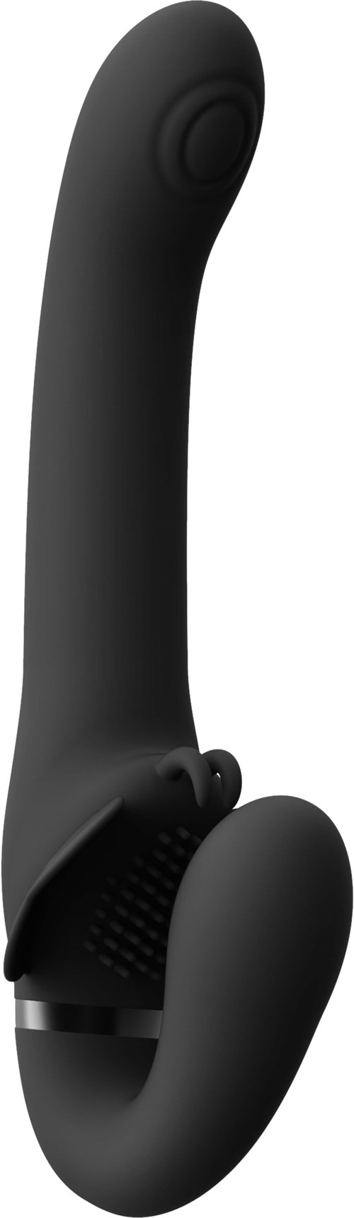 Ein schwarzes, gebogenes Gerät mit einem Knopf oben und einer runden Unterseite, wahrscheinlich ein Massagegerät oder Vibrator.