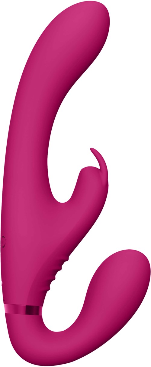 Ett rosa, böjt föremål med två rundade ändar, ser ut som en leksak eller personlig enhet.