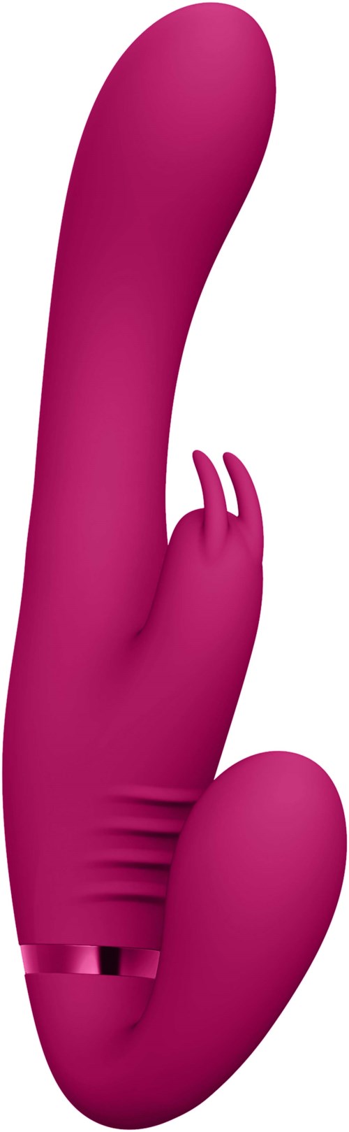 Ett rosa kurvat föremål med två små fingerslika delar och en rundad bas, form som antyder en massager eller leksak.