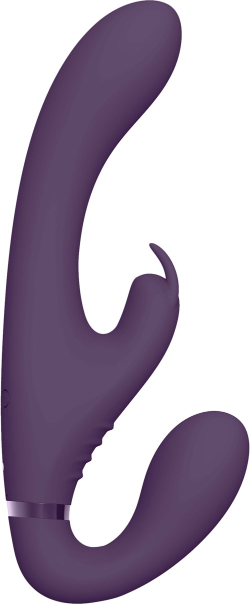 Ein lila, gebogener Sextoy mit mehreren Teilen, für Lust, mit einem kleineren gebogenen Aufsatz.