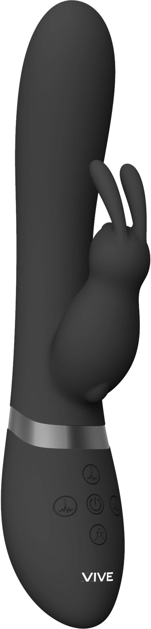 Ein schwarzes, gebogenes Gerät mit Hasenohren, Bedienelementen und Vive-Logo.