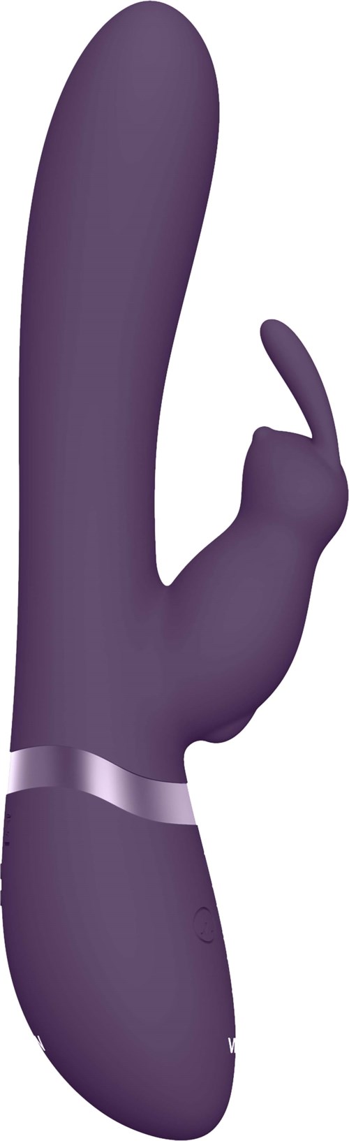 Ein lila, gebogener Gegenstand mit einem kleinen Vorsprung, ähnlich einem Finger, möglicherweise ein Massagegerät oder Spielzeug.