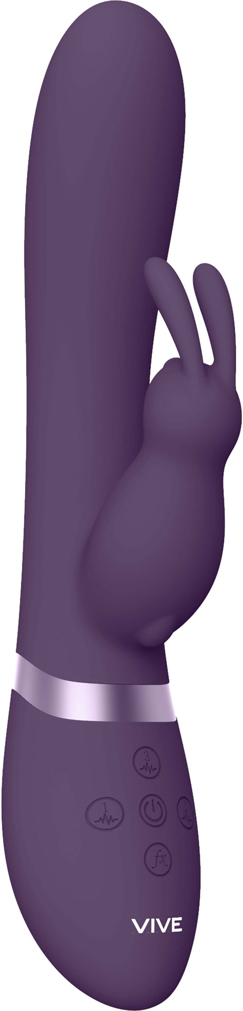 Ein lila Vibrator mit Hasen-aufsatz und Bedientasten am unteren Ende.