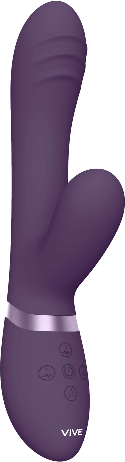 Ein lila Vibrator mit Bedientasten und Silberring, für Lust.