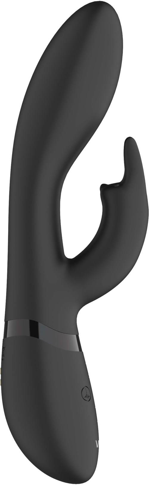 Ein schwarzes gebogenes Gerät mit einem kleinen Haken, wahrscheinlich ein Personal-Masser oder Vibrator mit elegantem Design.