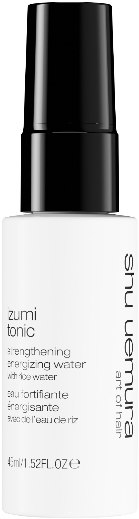 Valkoinen pullo mustalla suihkepäällä sisältää Shu Uemura Izumi -tonicin, ihon vahvistava ja energisoiva vesi.