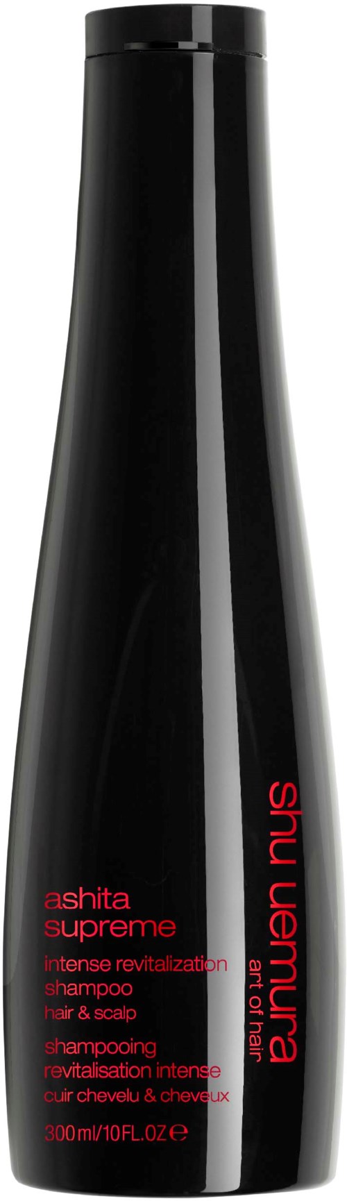 Schwarze Flasche Ashita Supreme Shampoo mit rotem Text für Revitalisierung und intensive Pflege.