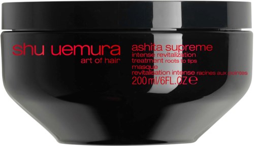 Ein schwarzer Behälter mit rotem Text, der Shu Uemura Haarmaske und Behandlung bewirbt, enthält 200 ml.