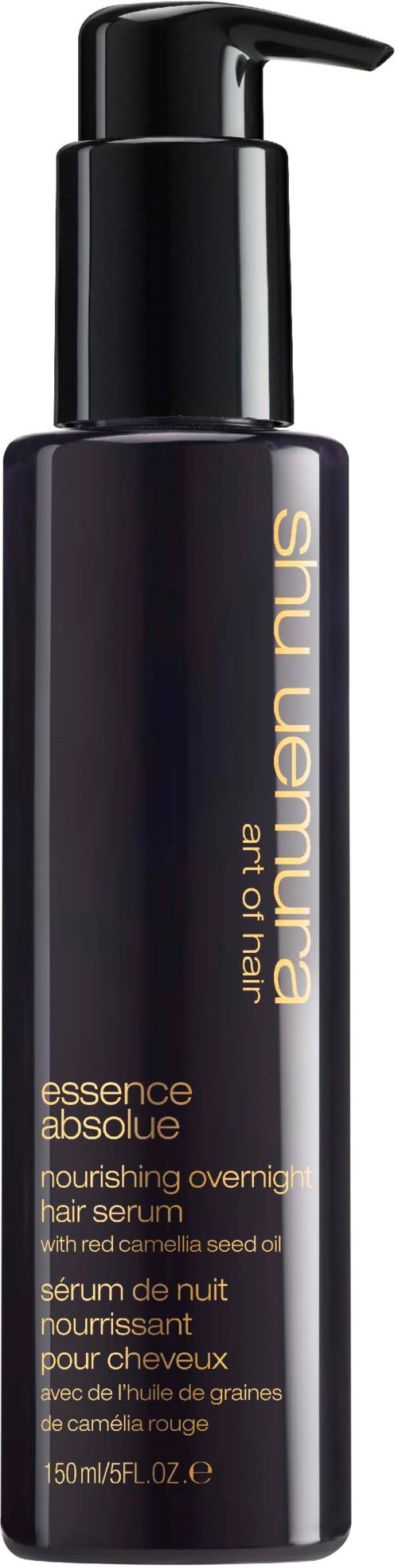 Eine dunkle Flasche mit Pumpenspender, beschriftet 'Shu Uemura' und 'essence absolute' für Haarserum.