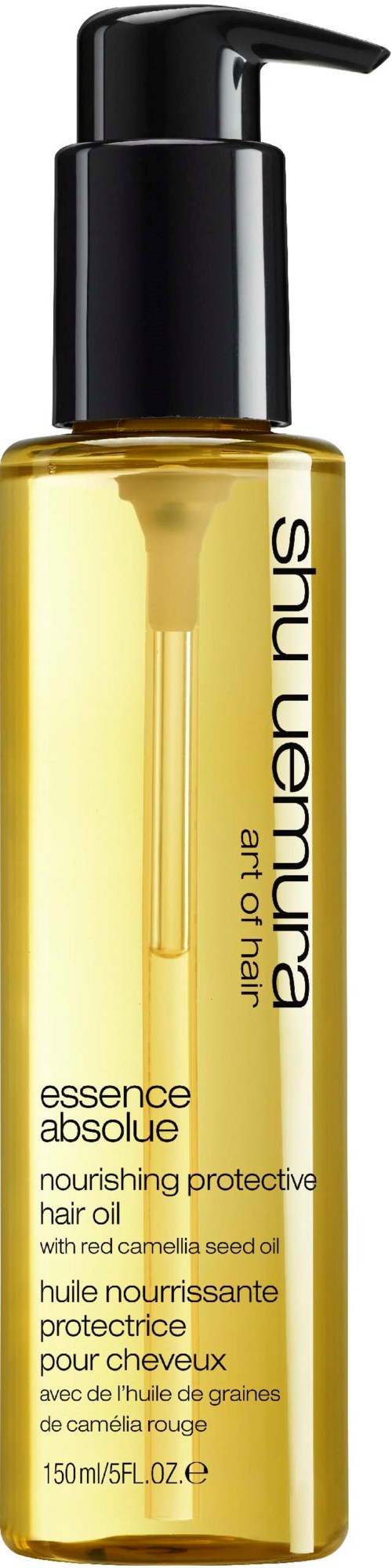 Gelbe Haarölflasche mit schwarzem Pumpstoß und weißem Text, Marke ist Shu Uemura. Enthält nährendes Schutzöl.