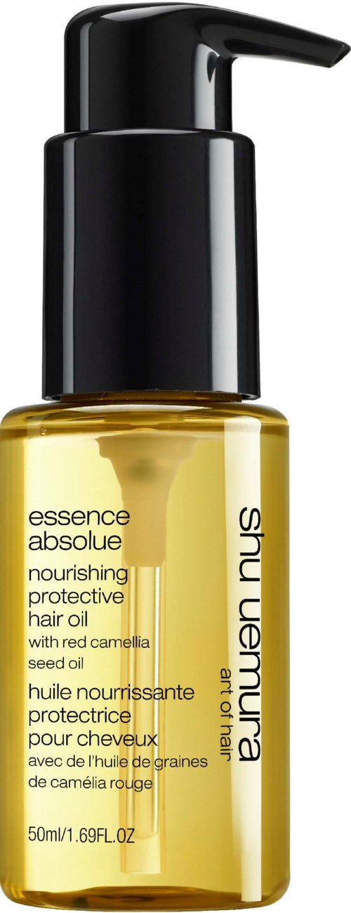 Eine gelbe Flasche mit Haaröl und schwarzem Pumphahn, gekennzeichnet als Nourishing Protective Hair Oil von Shu Uemura.