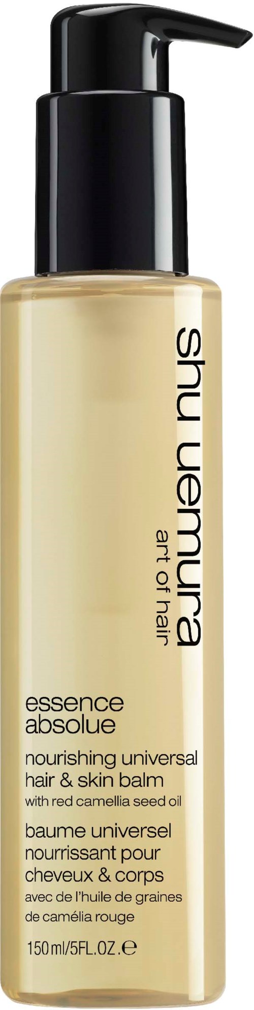 Eine Flasche Shu Uemura Haar- und Hautbalsam mit Pumpspender, als nährend und universell gekennzeichnet.