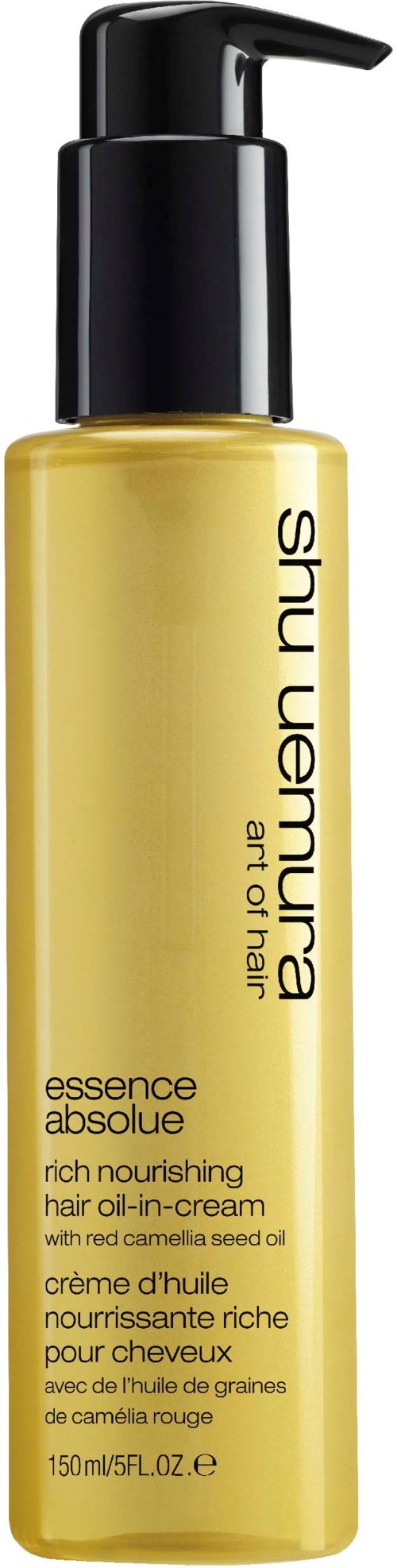 Eine gelbe Flasche von Shu Uemura mit schwarzem Pumphals, bezeichnet als essence absolue, reichhaltige pflegende Haaröl-Creme.