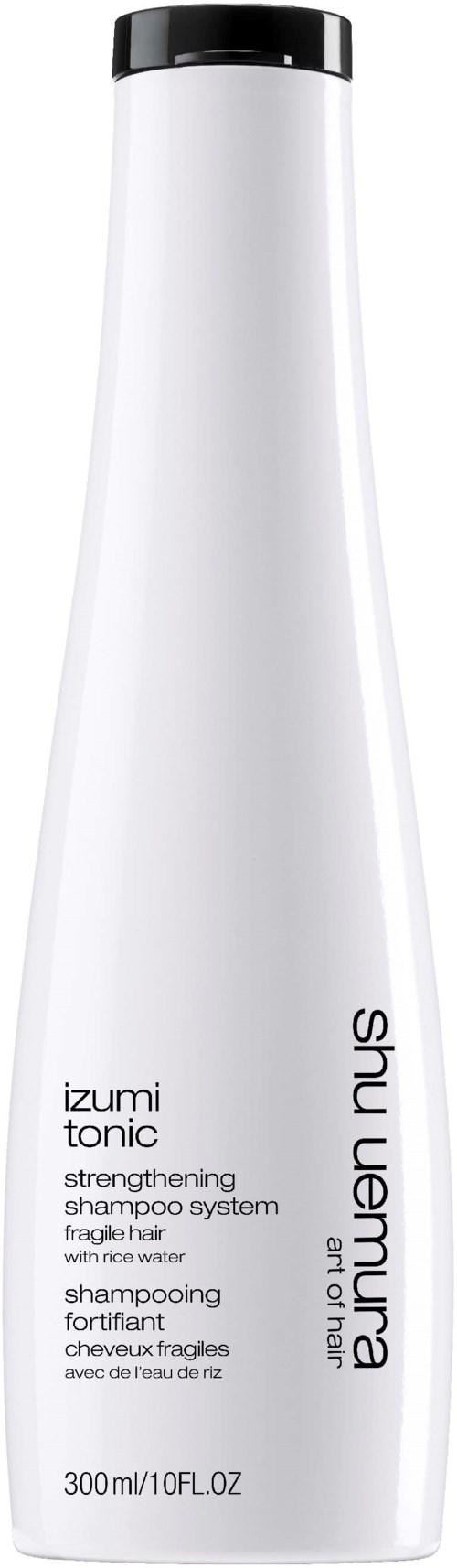 Eine lange weiße Flasche mit schwarzem Deckel. Text über Shampoo und Haard stärkung, von Shu Uemura.