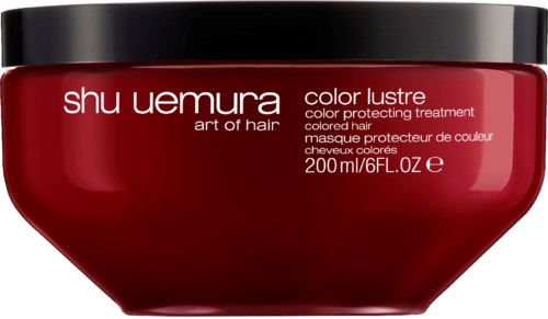 Rode container met zwarte deksel, merk Shu Uemura, kleurbehoudend haarverzorging, 200 ml.