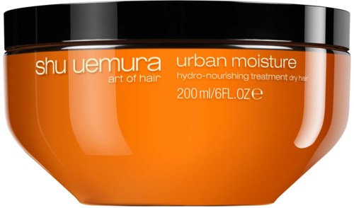 Oranger Dose für Haarpflege mit schwarzem Deckel, beschriftet 'shuu uemura urban moisture', für trockenes Haar, 200ml.
