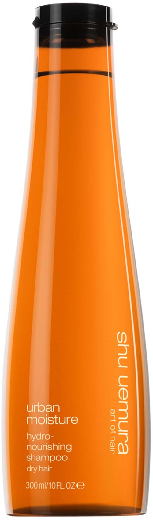 Eine lange, orange Shampooflasche mit schwarzem Deckel, gekennzeichnet als Urban Moisture von Shu Uemura.