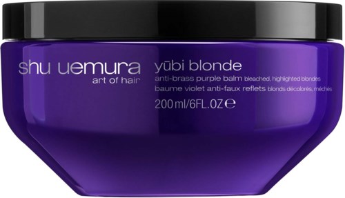 Lila Haarbalsambehälter von Shu Uemura mit schwarzem Deckel, für Blondinen, 200 ml.