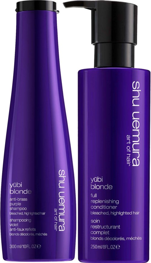Twee paarse haarverzorgingsflessen, een grote met pomp en een kleinere, voor blond haar en haarverzorging.