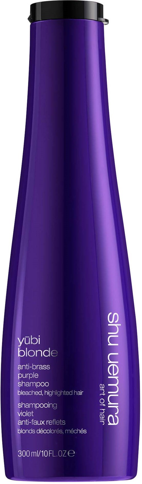 Eine lange, lila Shampoo-Flasche mit schwarzem Deckel, gekennzeichnet 'shu uemura', für blondes Haarpflege.